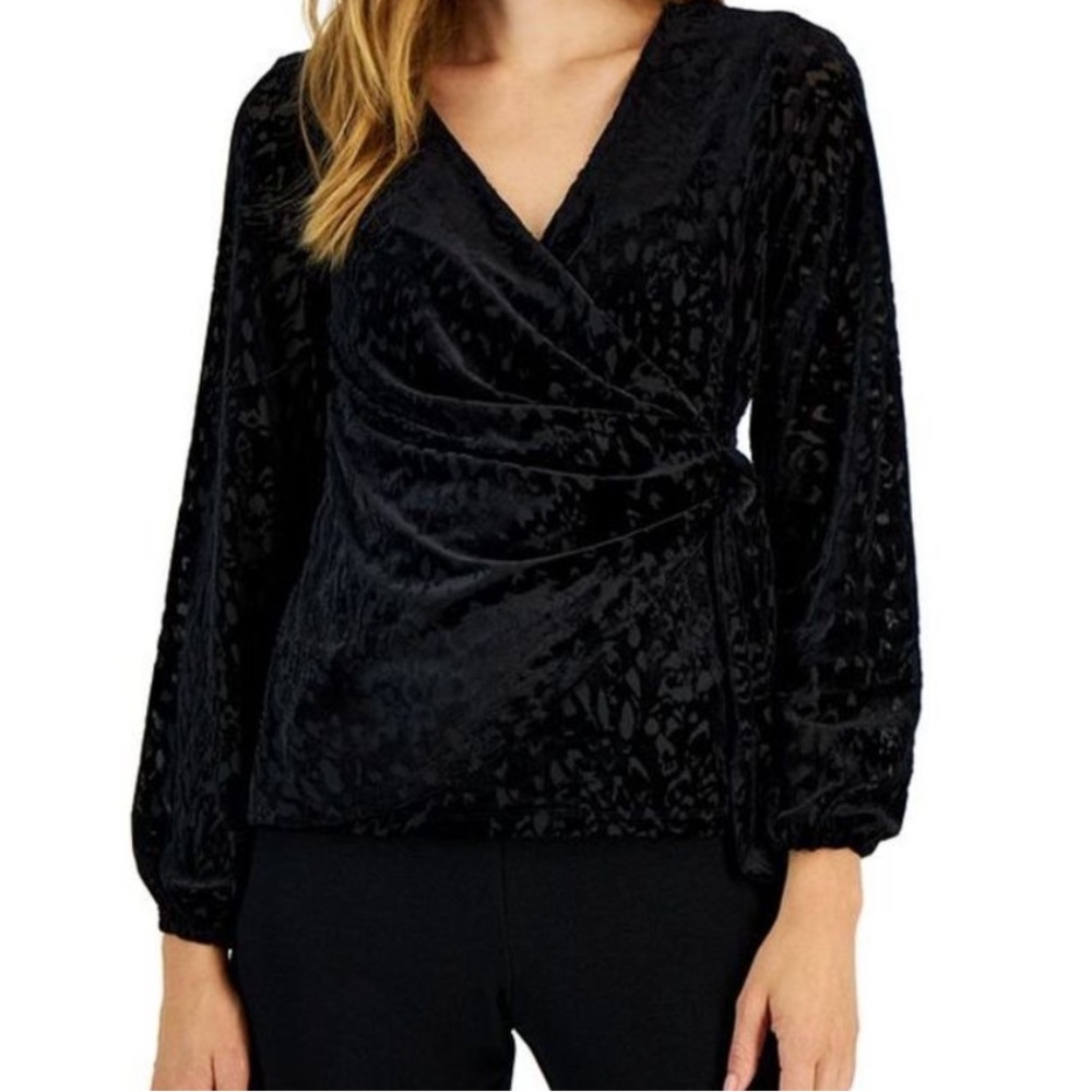 Alfani Wrap Top Blouse Women's Small Velvet Burnout‎ Surplice Black